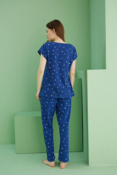 Siyah İnci lacivert desenli Bisiklet Yaka Örme Pamuklu Pijama Takım25113202