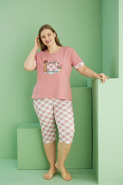 Siyah İnci Dark Salmon Patterned Curve Plus Size Oversize Cotton Capri Suit 25112746