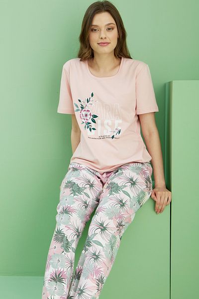 Siyah İnci Salmon Pattern Crew Neck Knitted Cotton Pajama Set 25113257