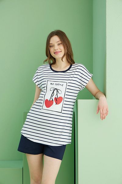 Siyah İnci Navy Blue and White Stripe Pattern Crew Neck Cotton Knitted Shorts Set 25111027