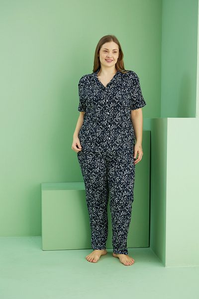 Siyah İnci Black Patterned Large Size Pajama Set: Bürümcük Crinkle Fabric Curve Buttons