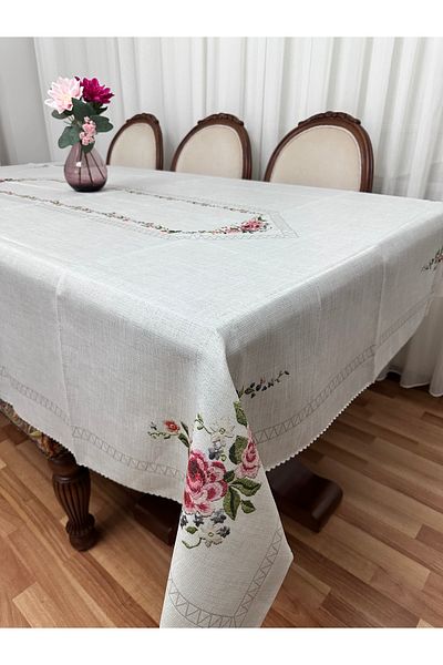 Madame Clean Home Față de masă de lux cu imprimeu din in 160x220 crem floral rezistentă la pete fără griji