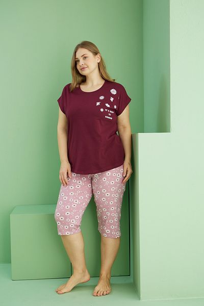 Siyah İnci Dark Burgundy Patterned Curve Plus Size Oversize Cotton Capri Suit25112766