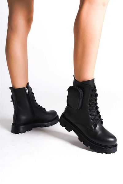 TB Terzi Bey Γυναικείες μπότες Gına Lace Up με φερμουάρ Ορθοπεδική σόλα με τσάντα St - Μαύρο
