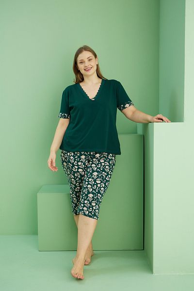 Siyah İnci Green Patterned Curve Plus Size Oversize Cotton Capri Suit 25112777