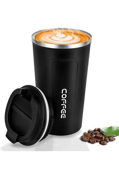 COOYA كوب قهوة للسفر، سعة 380 مل، معزول، مع غطاء، مقاوم للتسرب، مناسب للسفر والمكتب، لون أسود