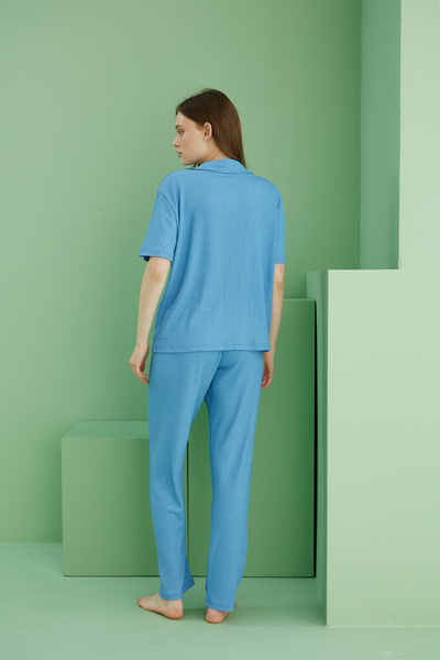 Siyah İnci mavi Bürümcük Krınkıl Kumaş Örme Düğmeli Pijama Takım25118566