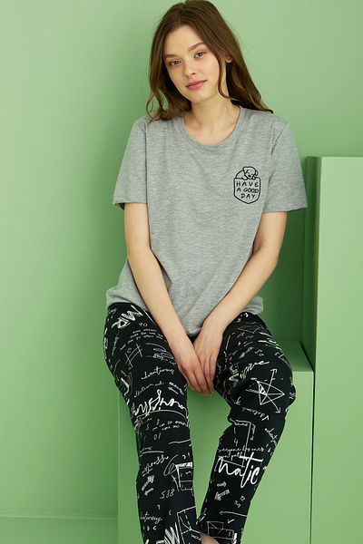 Siyah İnci Gray Melange Patterned Crew Neck Knitted Cotton Pajama Set 25113201