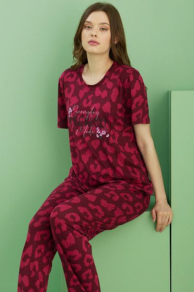 Siyah İnci Dark Burgundy Patterned Crew Neck Knitted Cotton Pajama Set 25113232