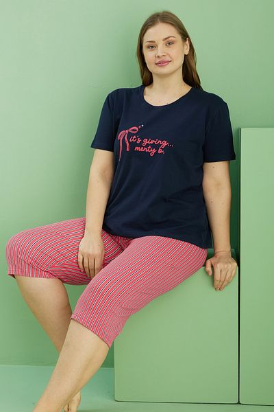 Siyah İnci Navy Blue Patterned Curve Plus Size Oversize Cotton Capri Suit 25112747