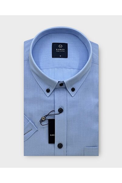 KAMER ERKEK REGULAR FIT KISA KOL %100 PAMUK DÜĞMELİ YAKA TEK CEPLİ DÜZ MAVİ G...