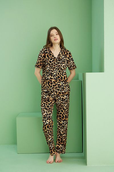Siyah İnci Leopard Pattern Twist Pajama Set 25118562