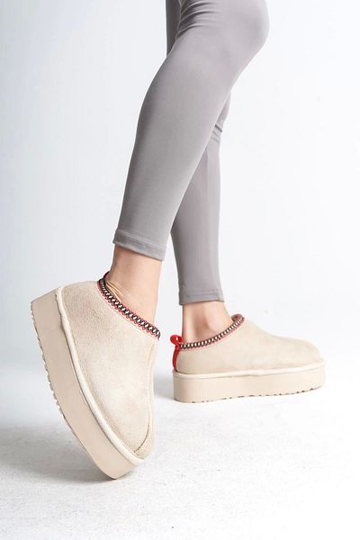 TB Terzi Bey Leila Laceless Flat και χοντρή σόλα με γούνα στο εσωτερικό κοντές γυναικείες μπότες Kt - Cream