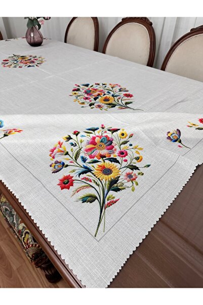 Madame Clean Home Lüx Dertsiz Leke Tutmaz Keten Baskılı Masa Örtüsü 160x220 Asmin Krem