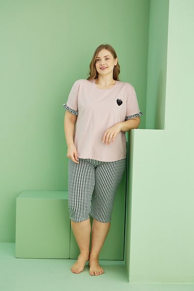 Siyah İnci Powder Patterned Curve Plus Size Oversize Cotton Capri Suit 25112711