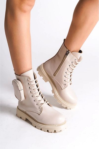 TB Terzi Bey Γυναικείες μπότες Gına Lace Up με φερμουάρ Ορθοπεδική σόλα με τσάντα Kt - Κρέμα