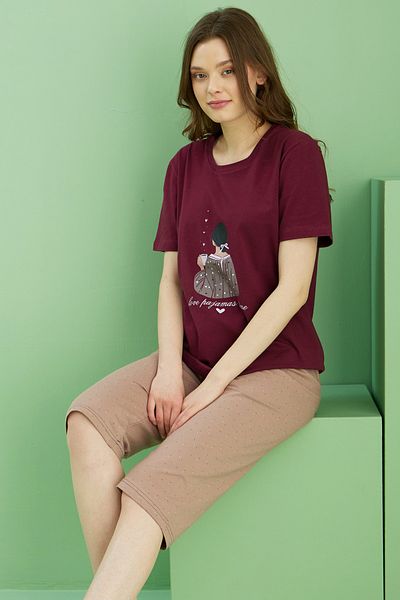 Siyah İnci Costum Capri din bumbac tricotat cu decolteu roșu cu imprimeu burgundy 25112198