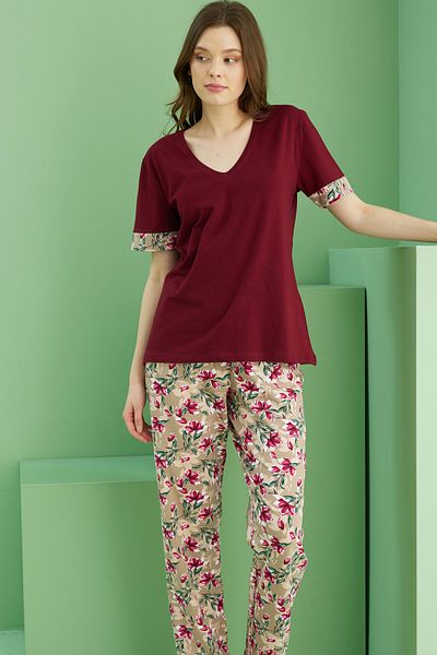 Siyah İnci Dark Burgundy Pattern V-Neck Knitted Cotton Pajamas Suit 25113249