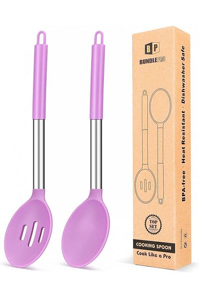 Bundlepro Set of 2 Cooking Spoons, Stainless Steel/Silicone, Silver/Purple, 7 X 34 Cm