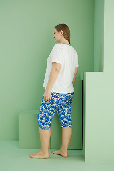 Siyah İnci Ecru Patterned Curve Large Size Oversize Cotton Capri Suit 25112786