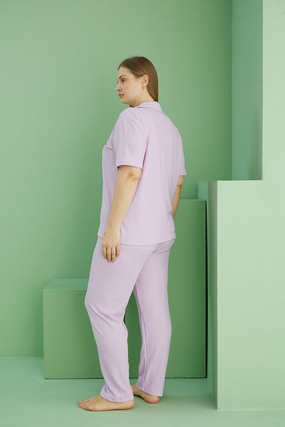 Siyah İnci Lilac Wrinkled Crinkle Fabric Curve Large Size Oversize Buttoned Pajama Set 25118732