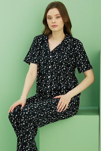 Siyah İnci Black Patterned Burümcük Pajama Suit 25118558