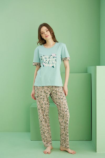 Siyah İnci Green Patterned Crew Neck Knitted Cotton Pajama Set 25113268