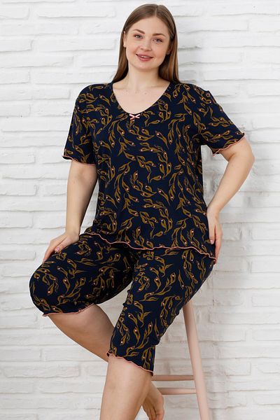 Siyah İnci Navy Blue Patterned Curve Plus Size Oversize Cotton Capri Suit 25112792