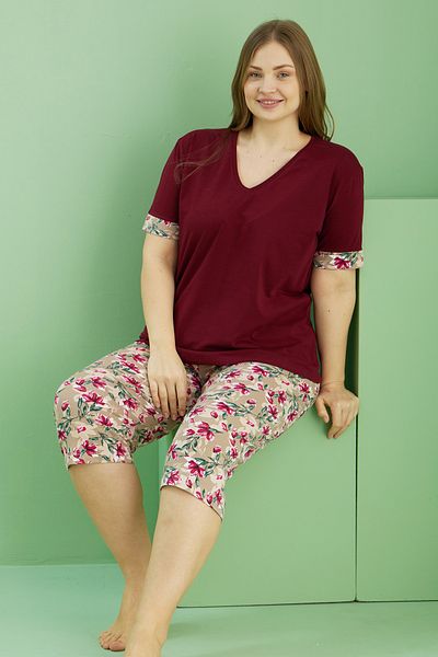 Siyah İnci Costum Capri oversize din bumbac cu imprimeu burgundy Curve Plus Size 25112731