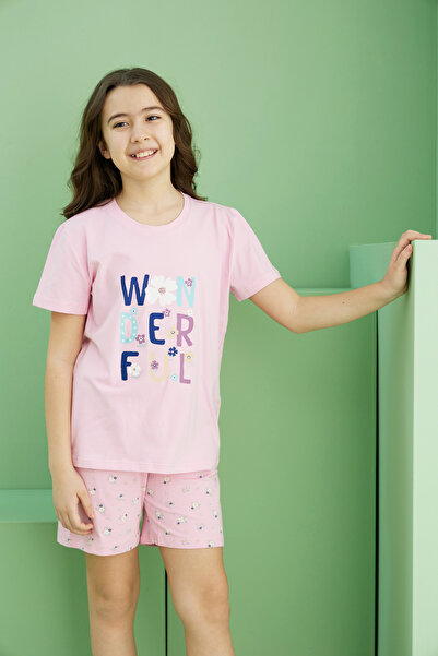 Siyah İnci Σετ πλεκτό σορτς με ροζ στάμπα Cotton Crew Neck 25115031