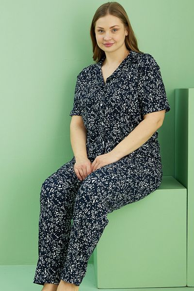 Siyah İnci Black Patterned Large Size Pajama Set: Bürümcük Crinkle Fabric Curve Buttons