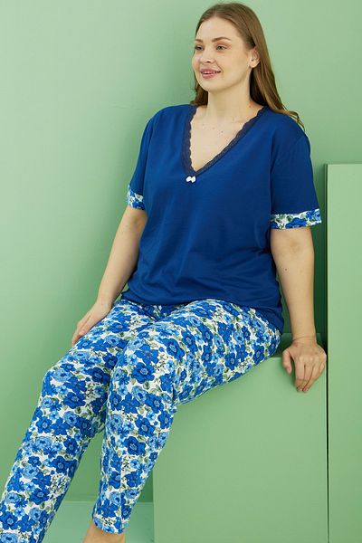 Siyah İnci Saks Patterned Curve Plus Size Oversize Cotton Pajama Suit 25113775