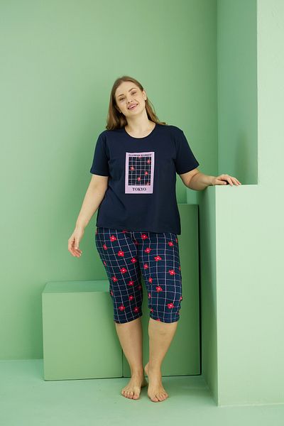 Siyah İnci Navy Blue Patterned Curve Plus Size Oversize Cotton Capri Suit 25112749