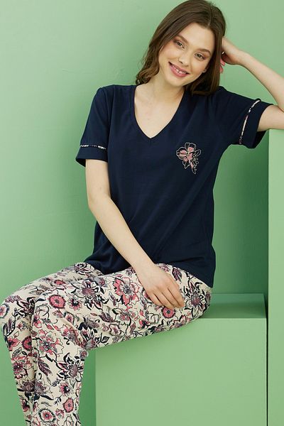 Siyah İnci Navy Blue Patterned V-Neck Knitted Cotton Pajamas Suit 25113269