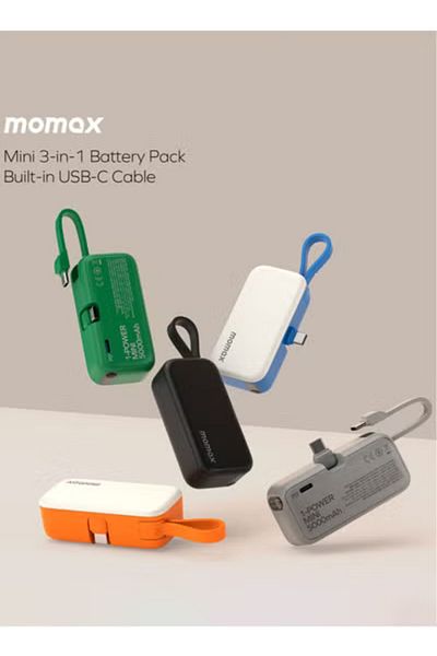 Momax 1-Power Mini Battery Pack 5000 mAh Power Bank [20W] with Built-in USB-C PD Cable - Black