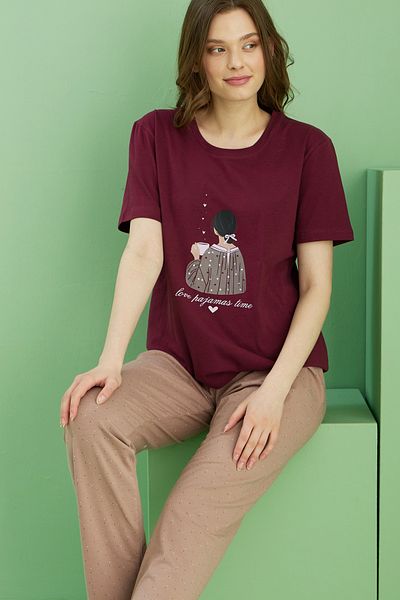 Siyah İnci Dark Burgundy Patterned Crew Neck Knitted Cotton Pajama Set 25113219