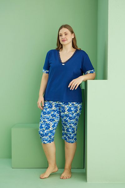 Siyah İnci Saks Patterned Curve Large Size Oversize Cotton Capri Suit 25112750