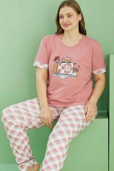 Siyah İnci Salmon Patterned Curve Plus Size Oversize Cotton Pajama Set 25113770