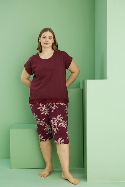 Siyah İnci Dark Burgundy Patterned Curve Plus Size Oversize Cotton Capri Suit 25112751