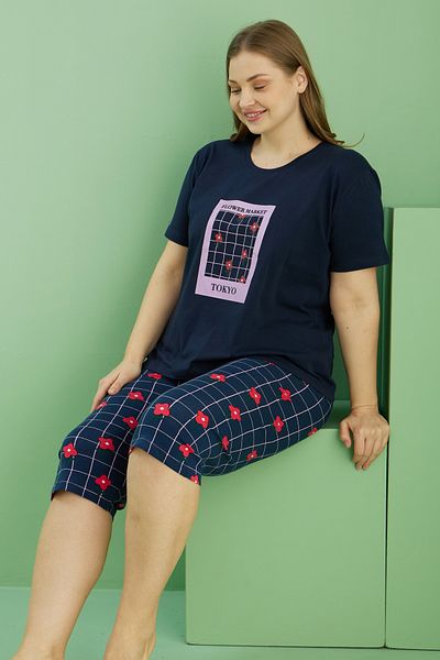 Siyah İnci Navy Blue Patterned Curve Plus Size Oversize Cotton Capri Suit 25112749
