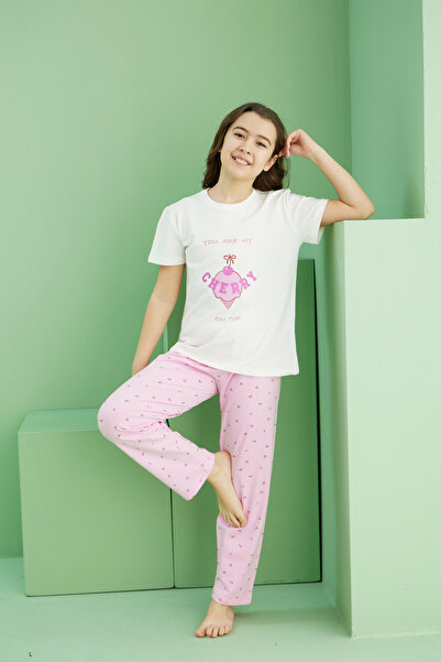 Siyah İnci Ecru Patterned Cotton Crew Neck Knitted Pajama Set 25117085