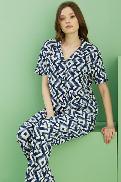 Siyah İnci Navy Blue Patterned Pajama Set 25118552   Bürümçük Krınquir Fabric Buttoned