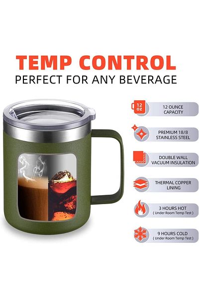 COOYA 12 oz Coffee Mug, Vacuum Sliding Lid, Double Wall Stainless Steel Handle(Green)
