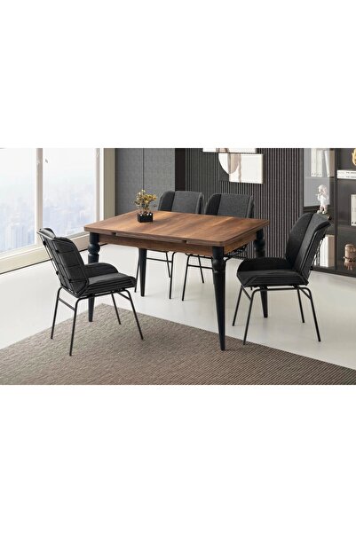 Evistro Ahşap Salon Yemek Masa Sandalye Takımı 4 Yonca Sandalyeli Yandan Açıl...