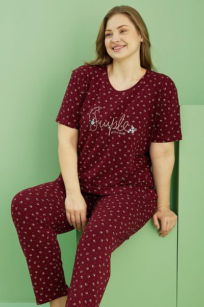 Siyah İnci Dark Burgundy Patterned Curve Plus Size Oversize Cotton Pajama Suit 25113739