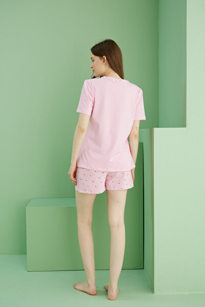 Siyah İnci Σετ πλεκτό σορτς με ροζ στάμπα Cotton Crew Neck 25115031