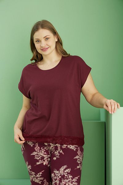 Siyah İnci Dark Burgundy Patterned Curve Plus Size Oversize Cotton Capri Suit 25112751