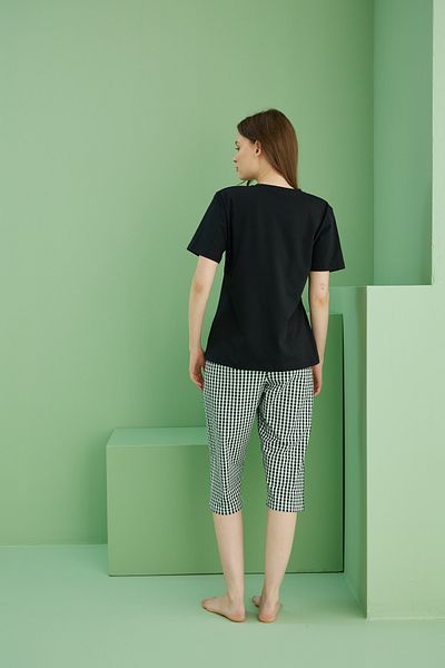 Siyah İnci Black Patterned Crew Neck Knitted Cotton Capri Suit 25112231