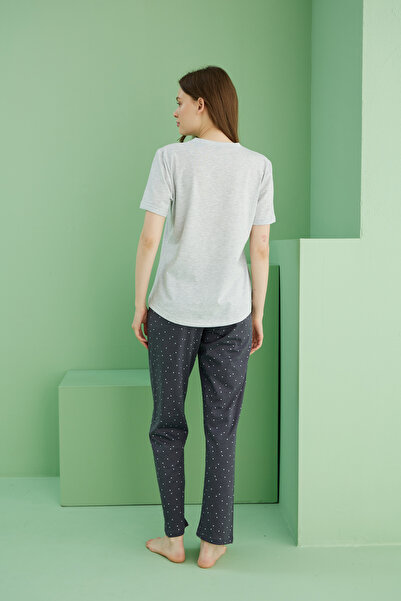 Siyah İnci Grey Melange Patterned Cotton Crew Neck Knitted Pajama Set 25117082