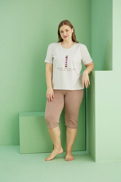 Siyah İnci Μπεζ μοτίβο Curve Plus Size Oversize Βαμβακερό Κάπρι Σετ 25112743